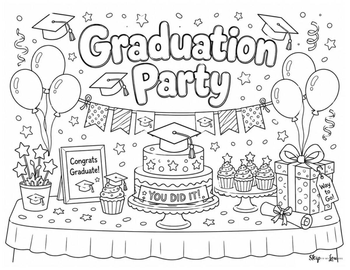 graduation party coloring page table with cake and party food