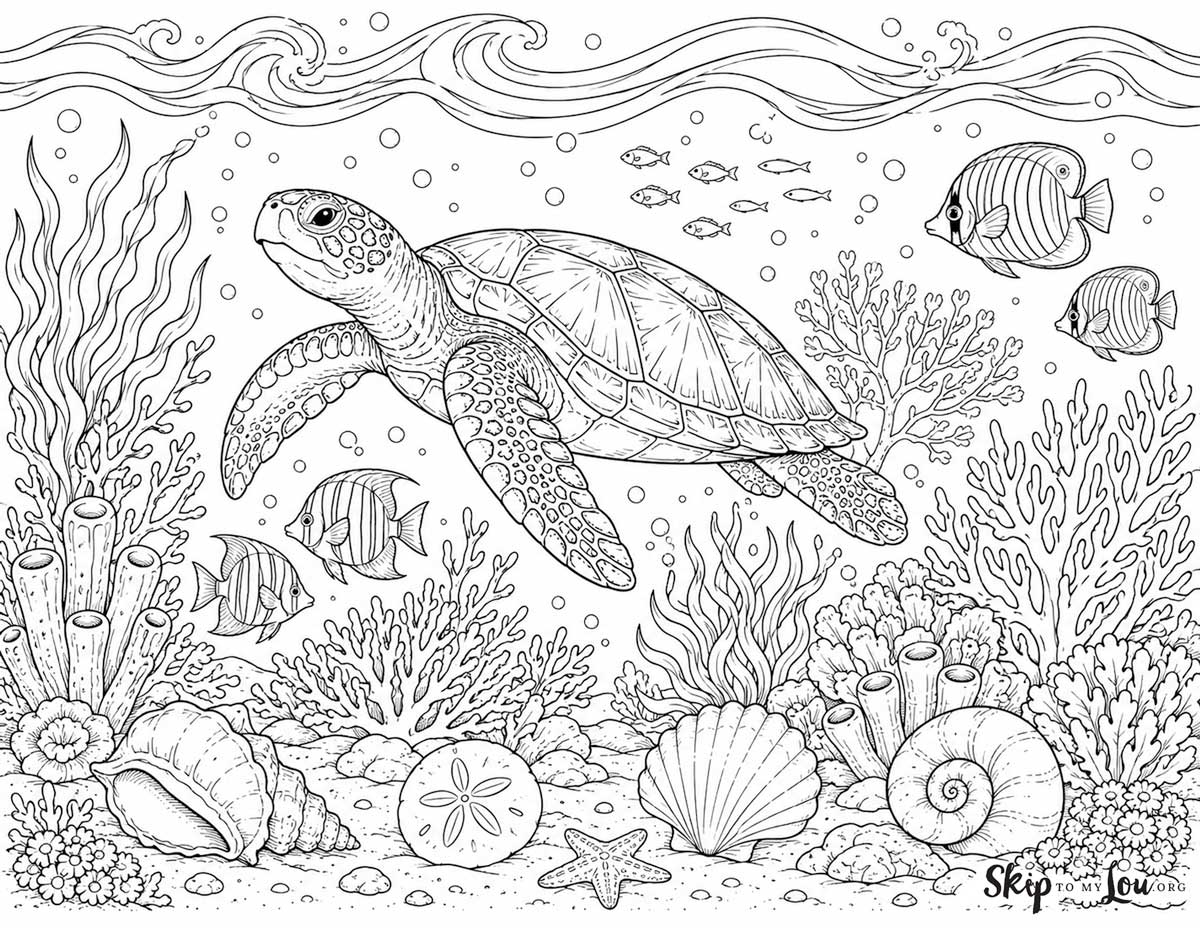 Ocean coloring page with a sea turtle, tropical fish, coral reef, seashells, bubbles, and waves in black and white line art.