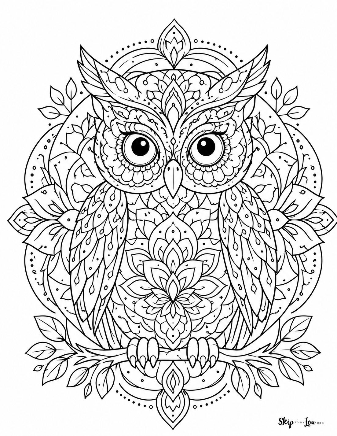 Owl mandala coloring page with an ornate owl, floral details, and symmetrical black and white line art