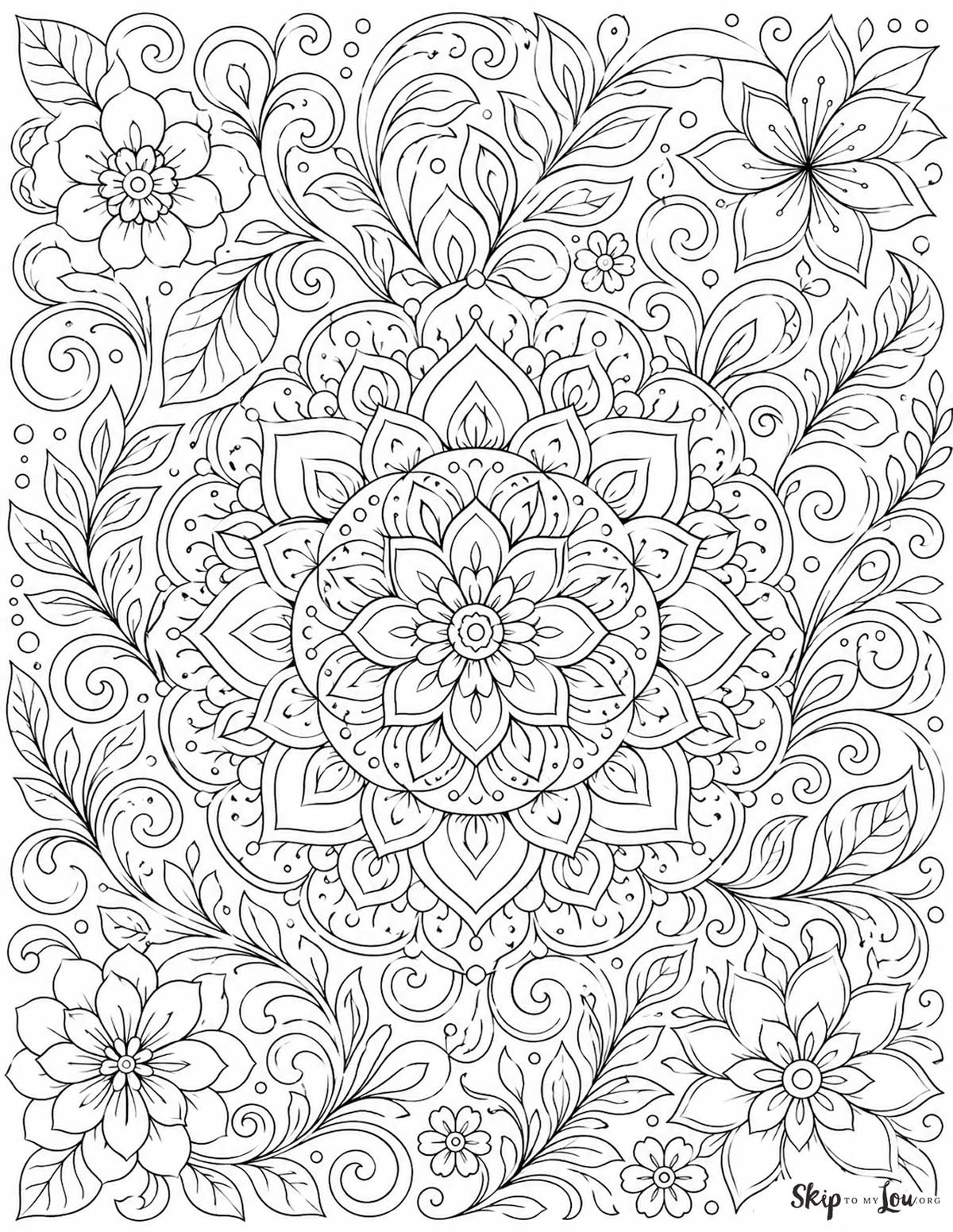 Stress relief coloring page for adults with a detailed floral mandala surrounded by leaves and swirling patterns