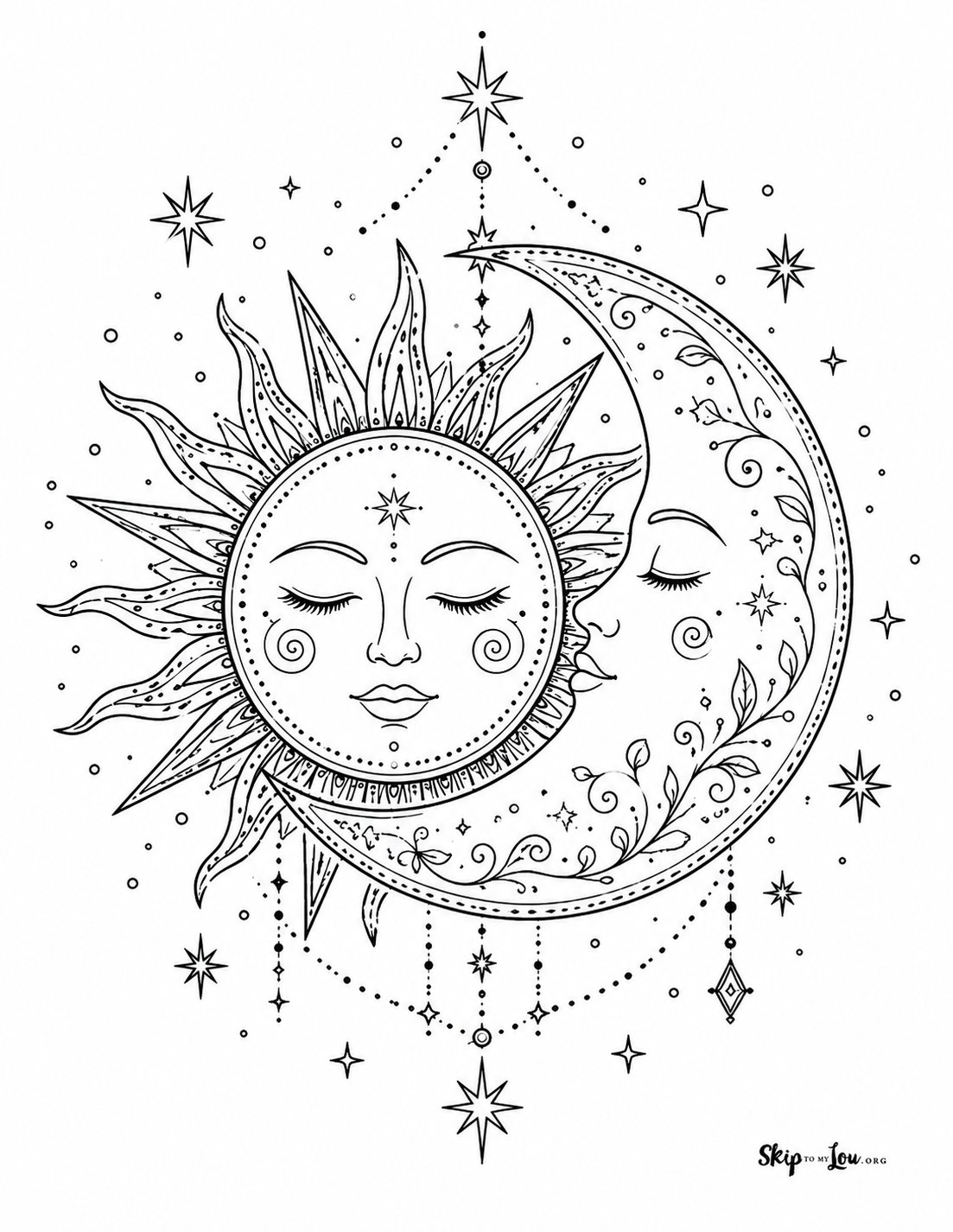 Sun and moon coloring page with stars, floral details, and decorative line art