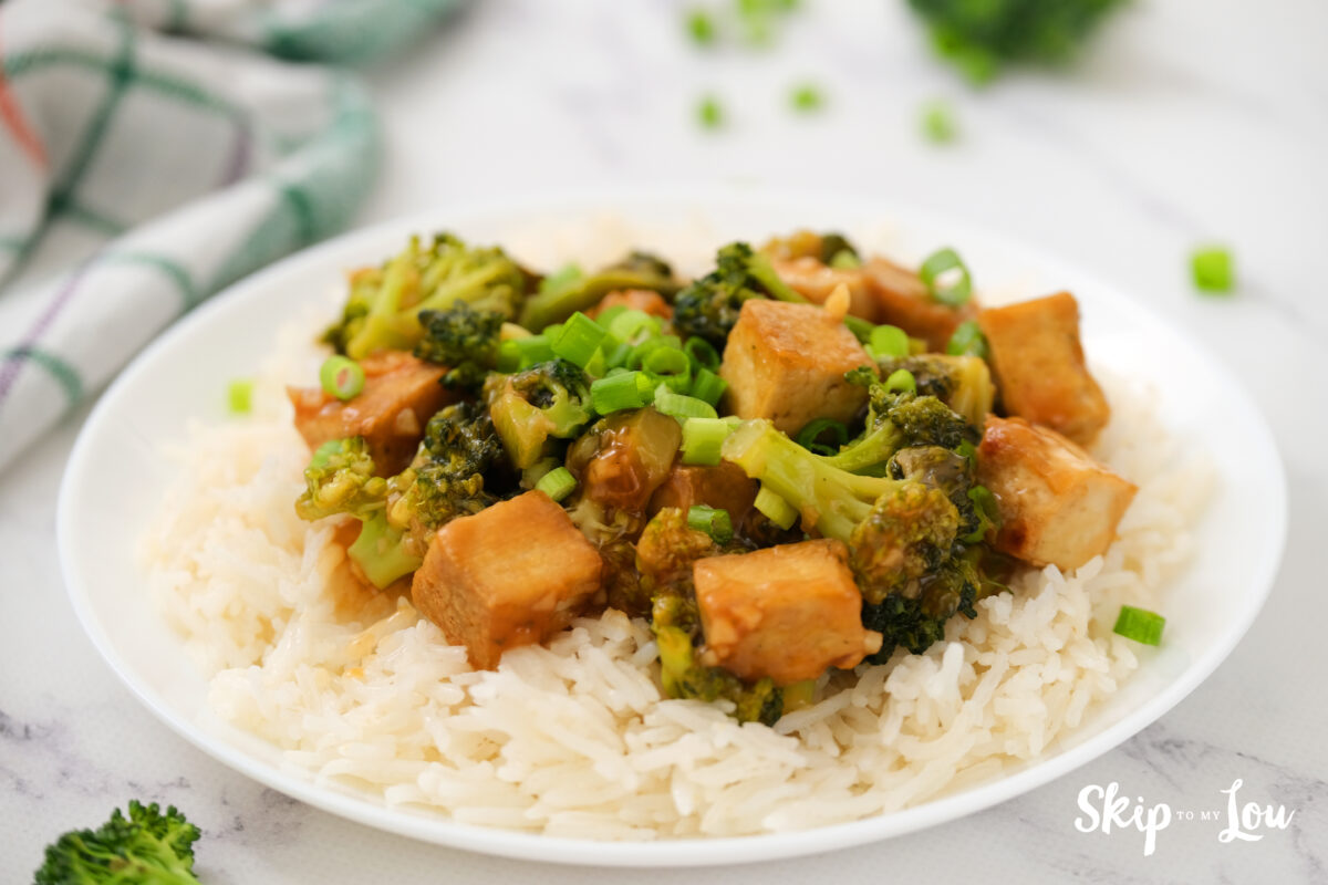 Plated broccoli and tofu stir fry. 