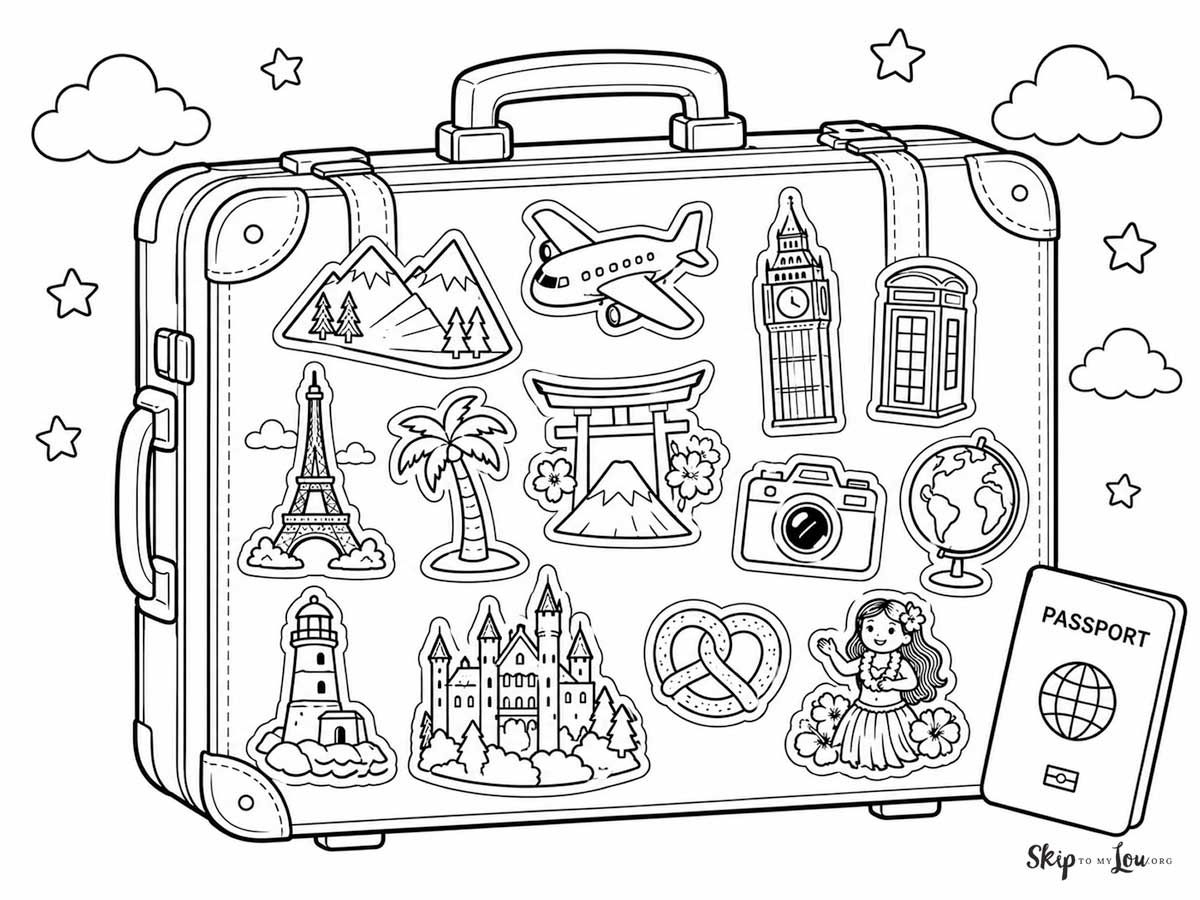 Vacation coloring page with suitcase, passport, travel stickers, mountains, Eiffel Tower, lighthouse, palm tree, and world landmarks