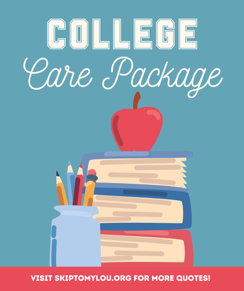 A blue background with study books and an apple balanced on top, as well as a container with pens and pencils for a college care package.