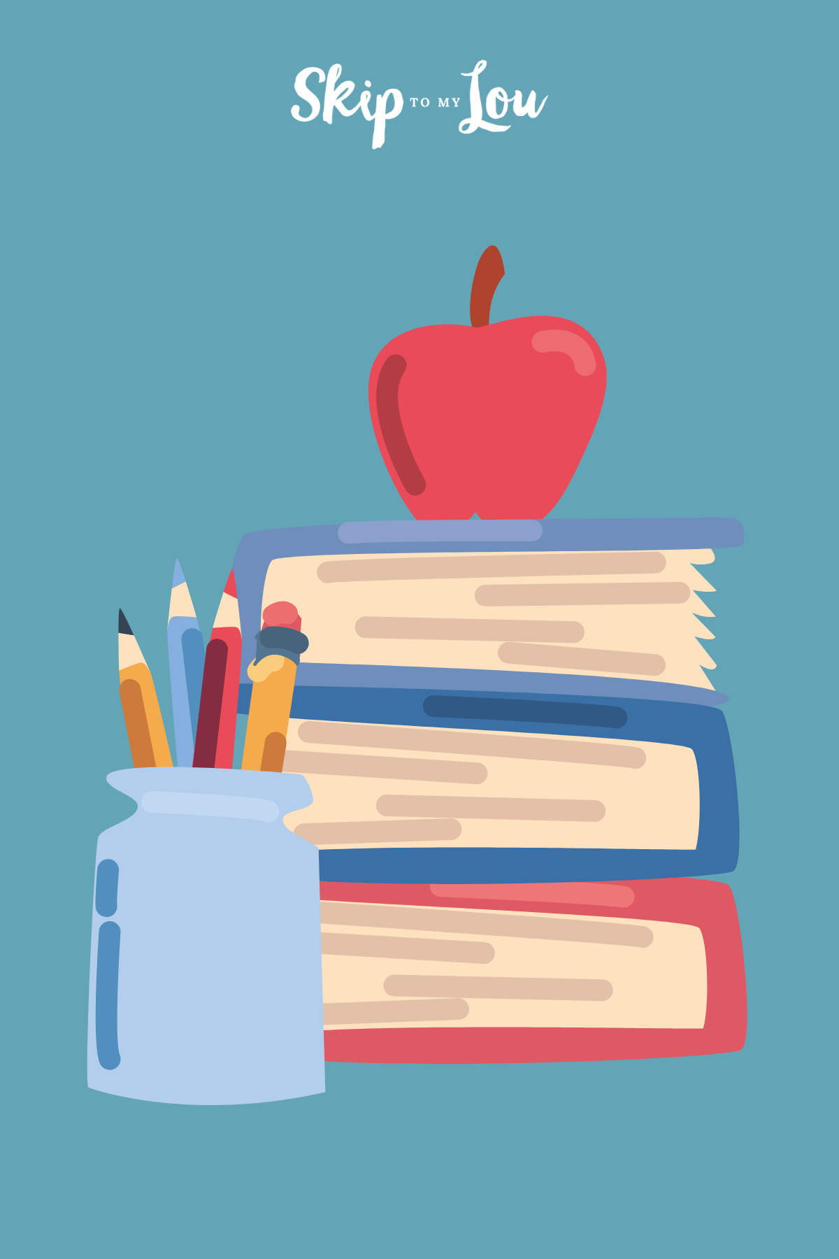 A blue background with study books and an apple balanced on top, as well as a container with pens and pencils for a college care package from Skip to My Lou.