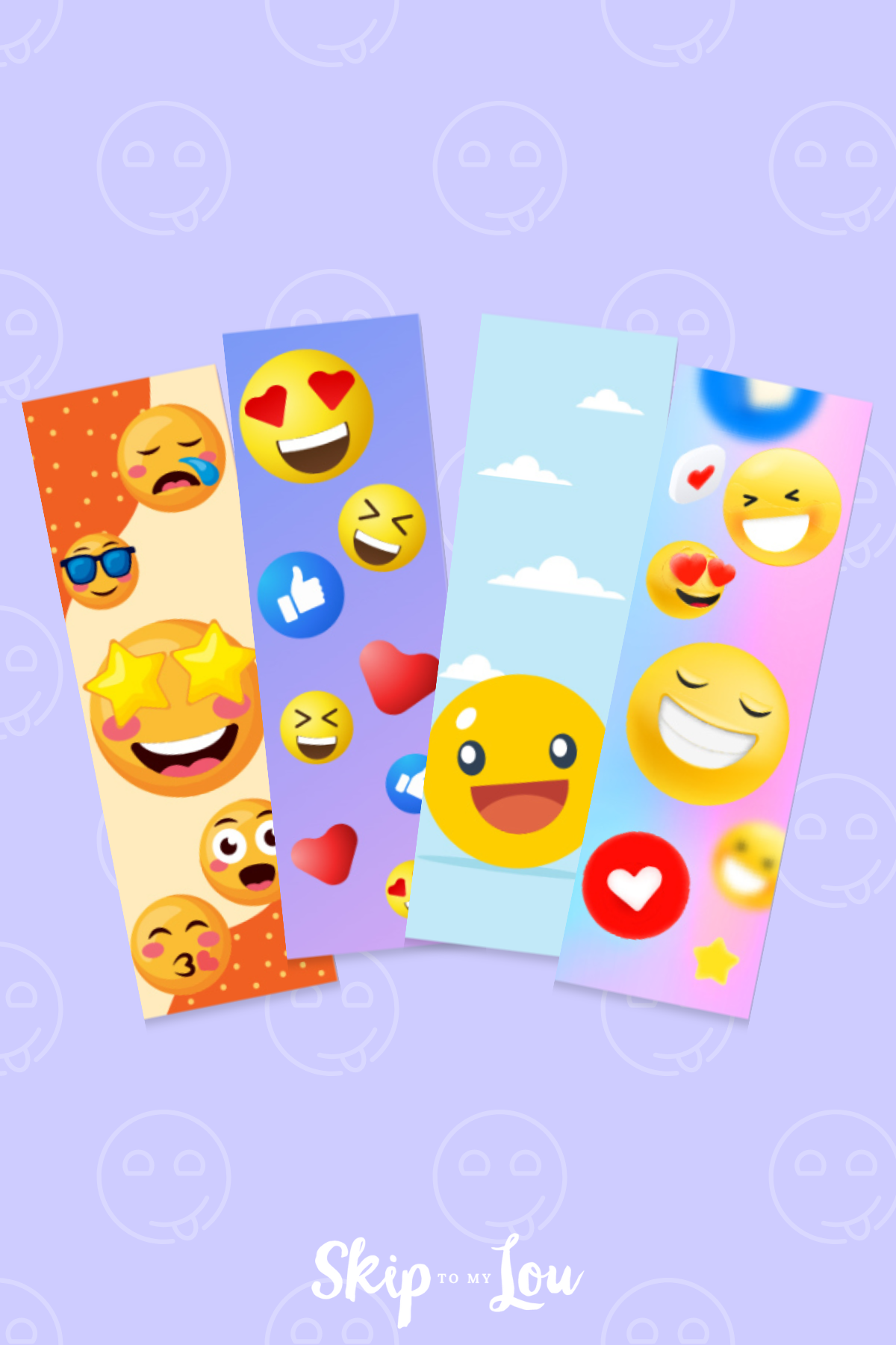 A purple backgrond with emojis and four emoji bookmarks from Skip to my Lou.