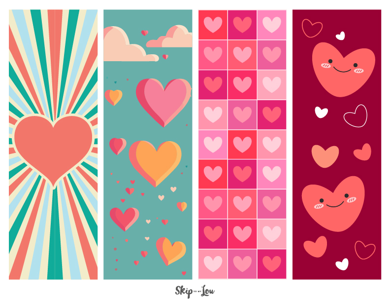 Four heart bookmark options available to download.
