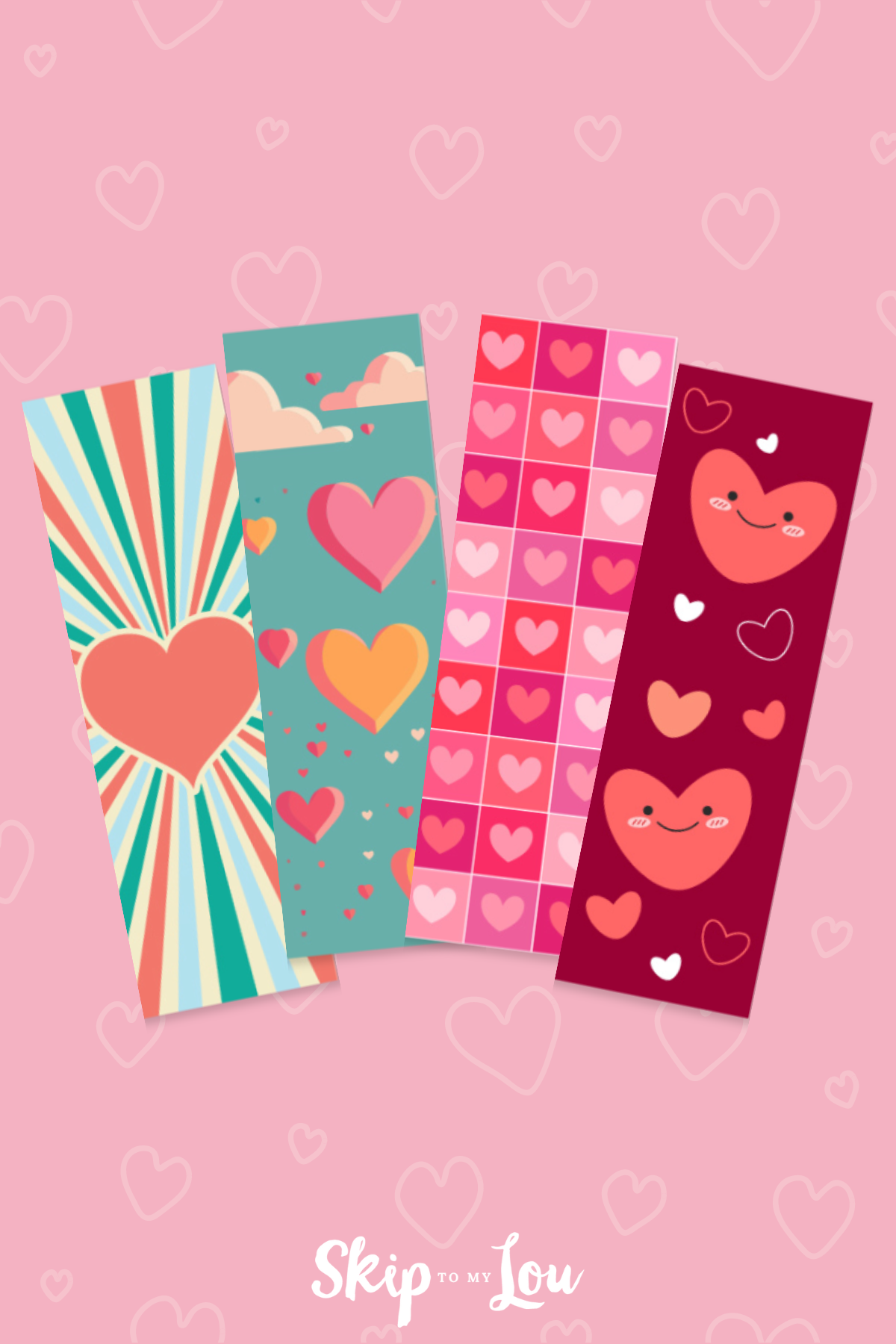 Pink background with hearts and four heart bookmarks from Skip to My Lou.