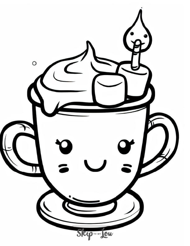A cute kawaii coloring page of a cup of hot chocolate with cream and marshmellows.