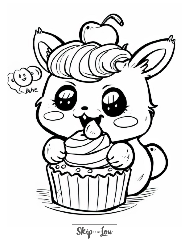 A cut kawaii coloring page of a bunny with a cupcake.