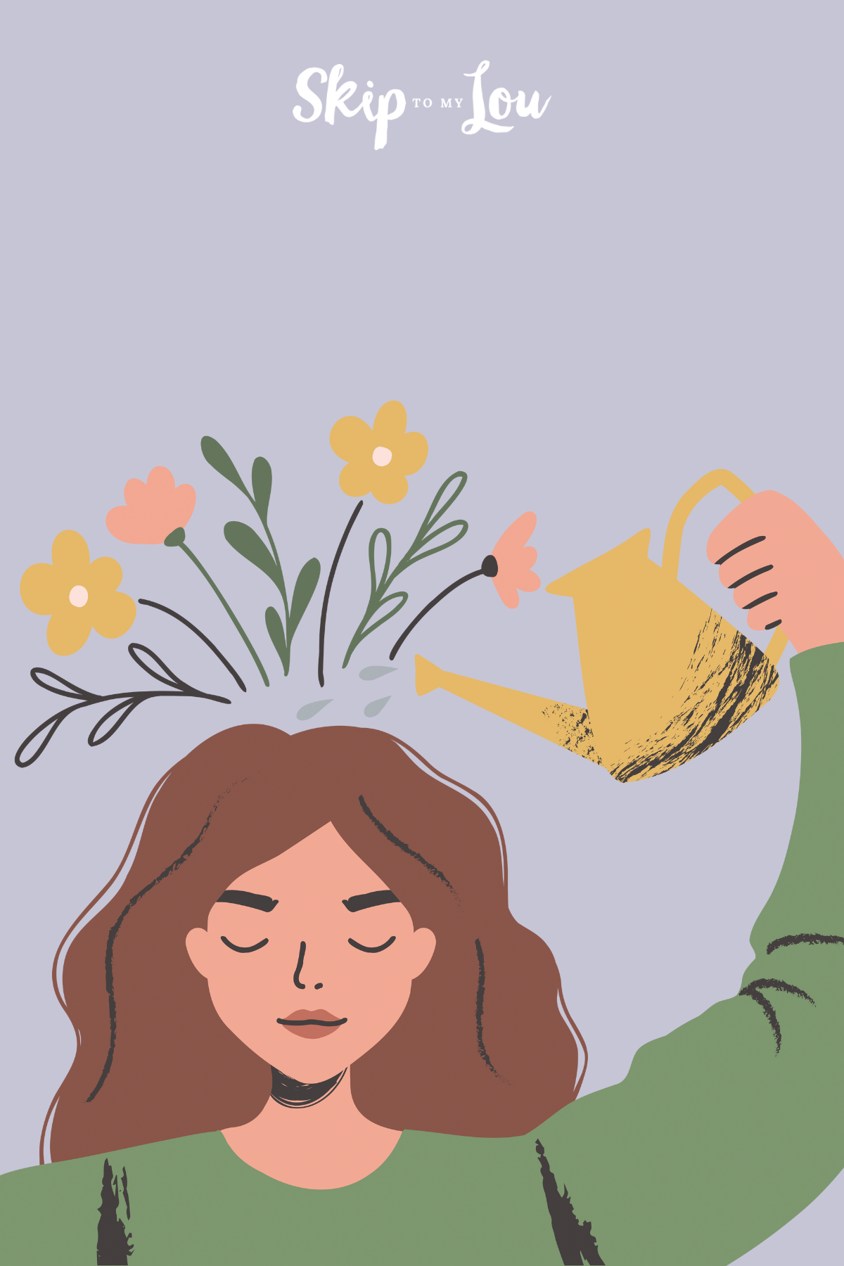 A cartoon of a lady tipping a water jug over her head and flowers growing from it thanks to positive mindset quotes from Skip to My Lou.