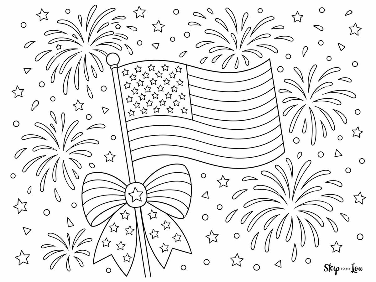 American flag with a bow and fireworks in background coloring page