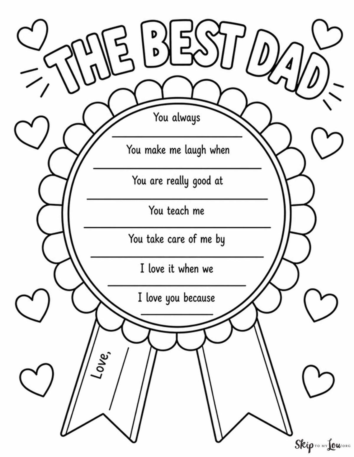 The Best Dad coloring page with blue ribbon award, fill-in-the-blank prompts, hearts, and ribbon tails.
