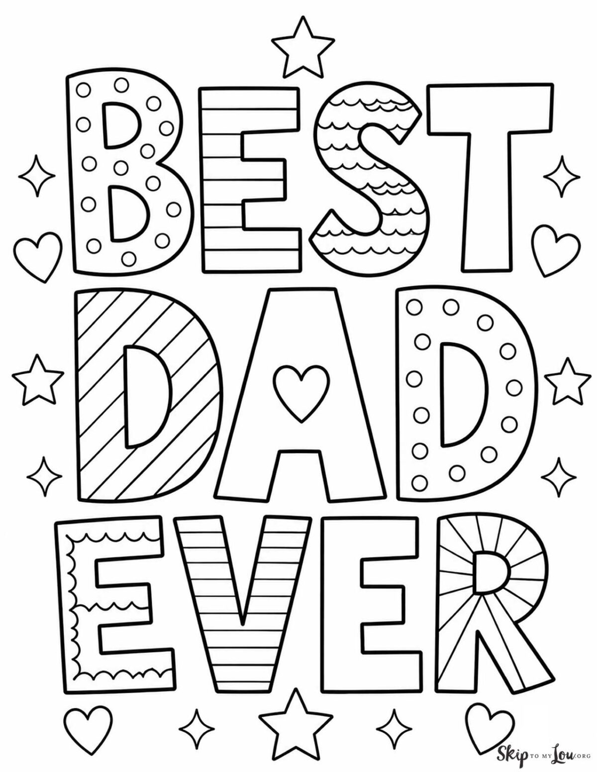 Best Dad Ever coloring page with bold patterned letters, stars, and hearts for kids to color