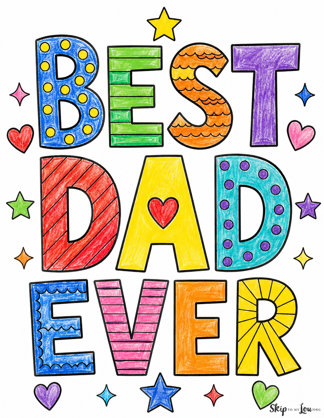 Best Dad Ever coloring page colored in crayon style with bright patterned letters, stars, and hearts.
