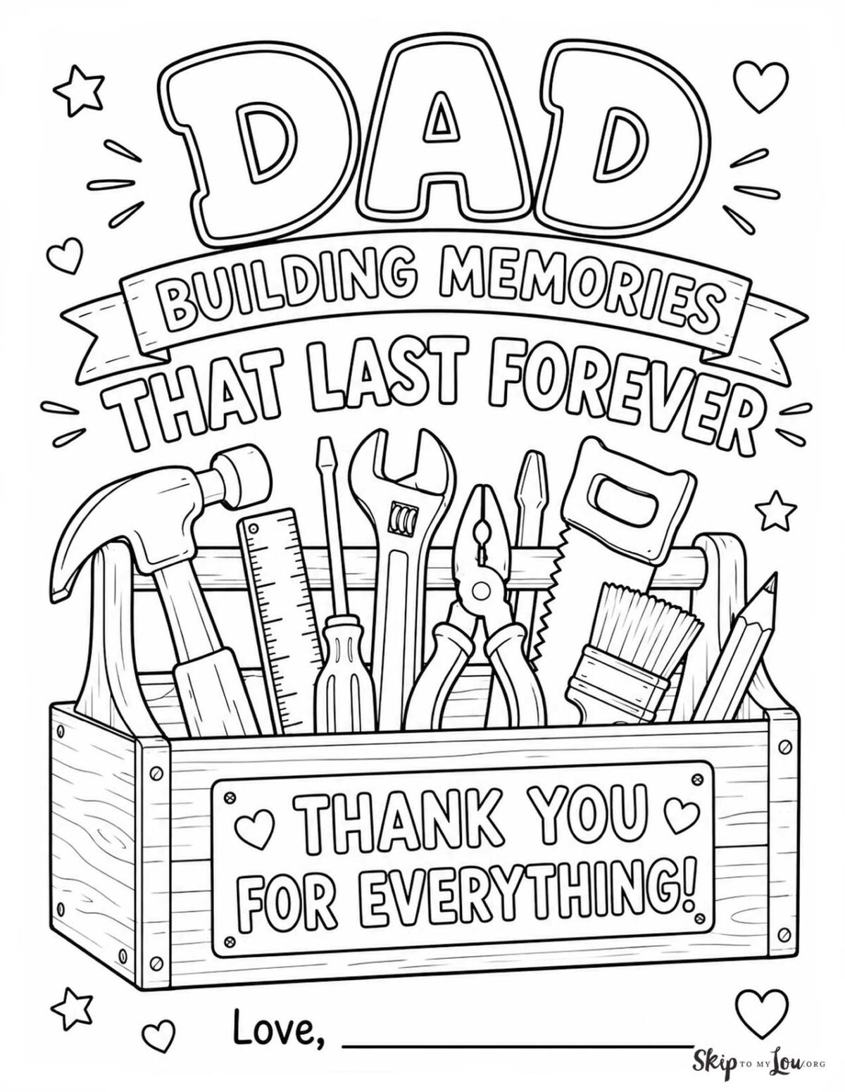 Dad building memories coloring page with tools, toolbox, and thank you message for Father’s Day