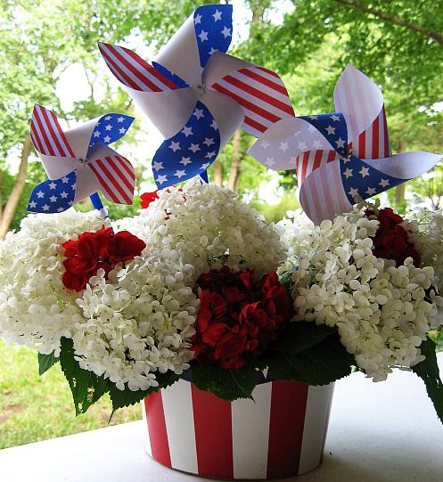 patriotic pinwheels in hydrangea