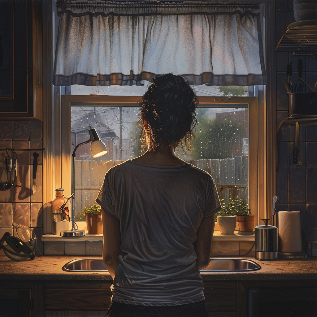 A woman starting out a window on a rainy day.