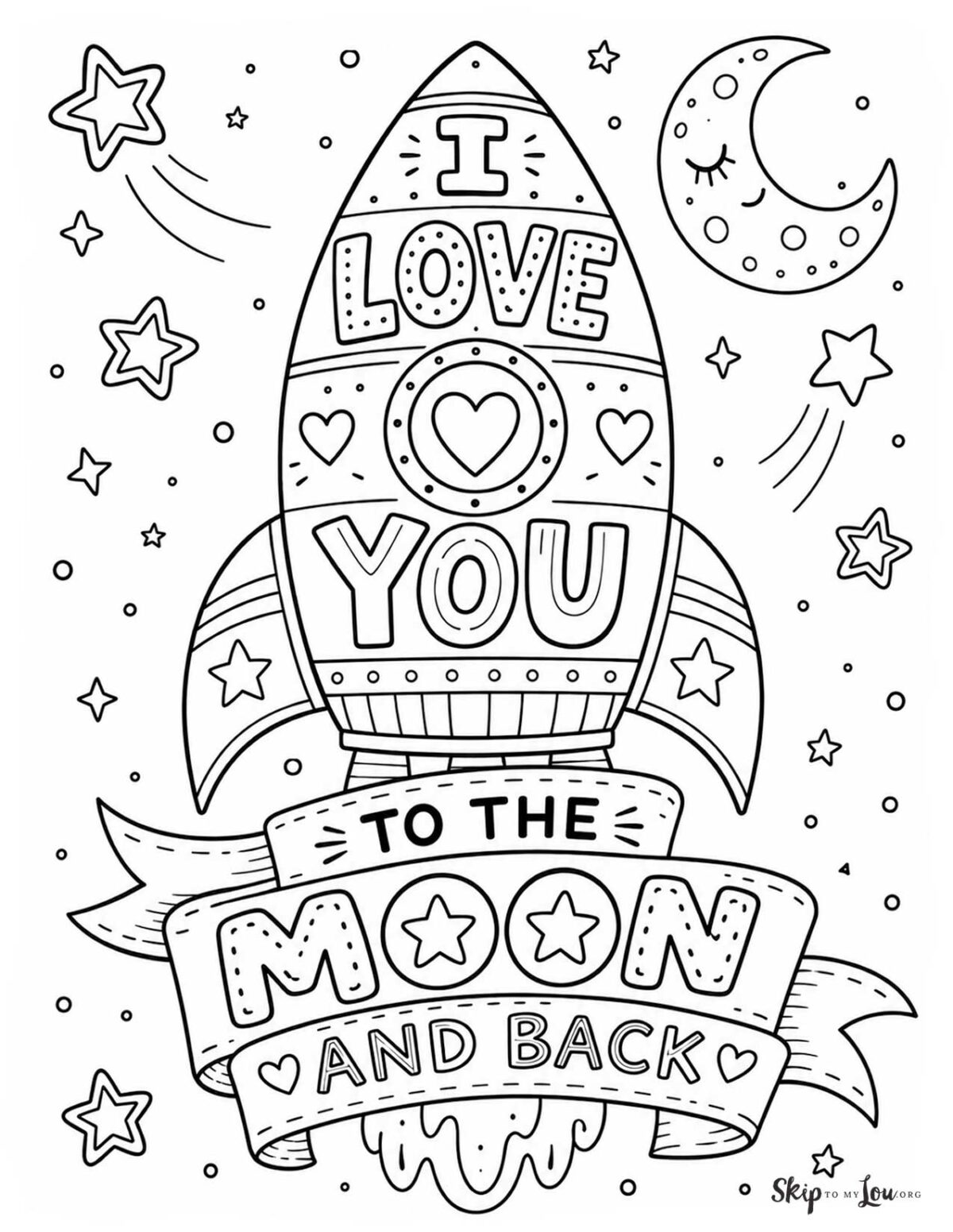 I love you to the moon and back rocket coloring page with stars, moon, and banner