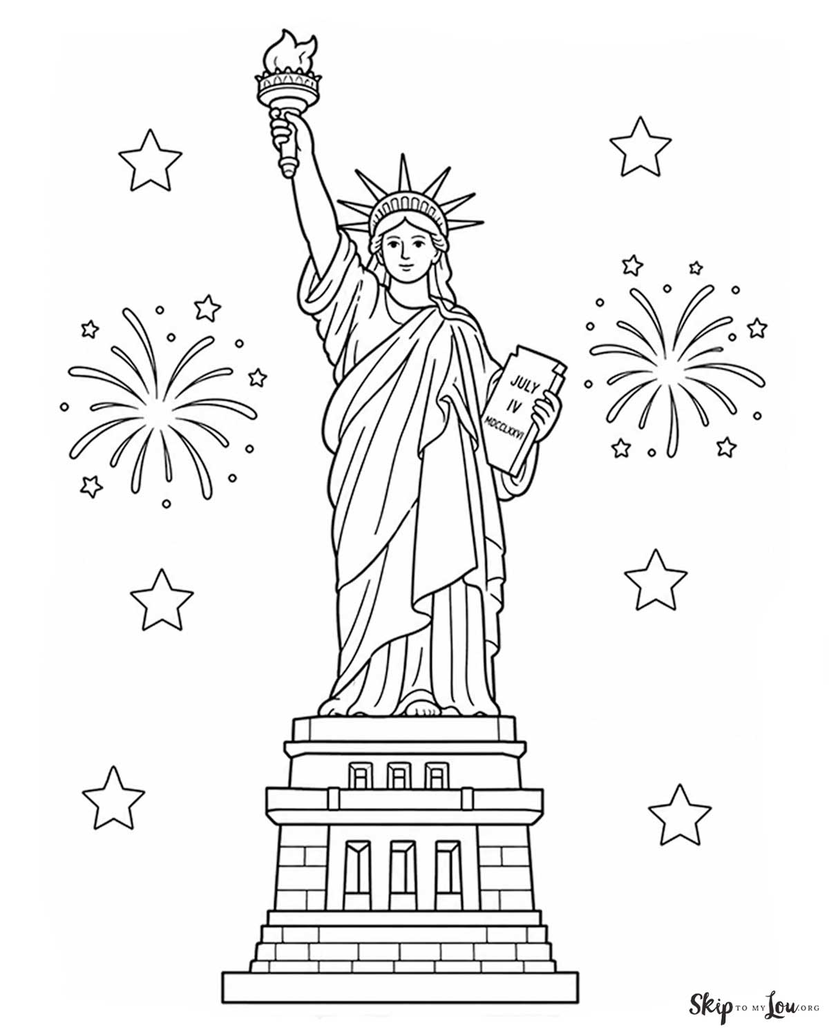 statue of liberty with stars and fireworks coloring page