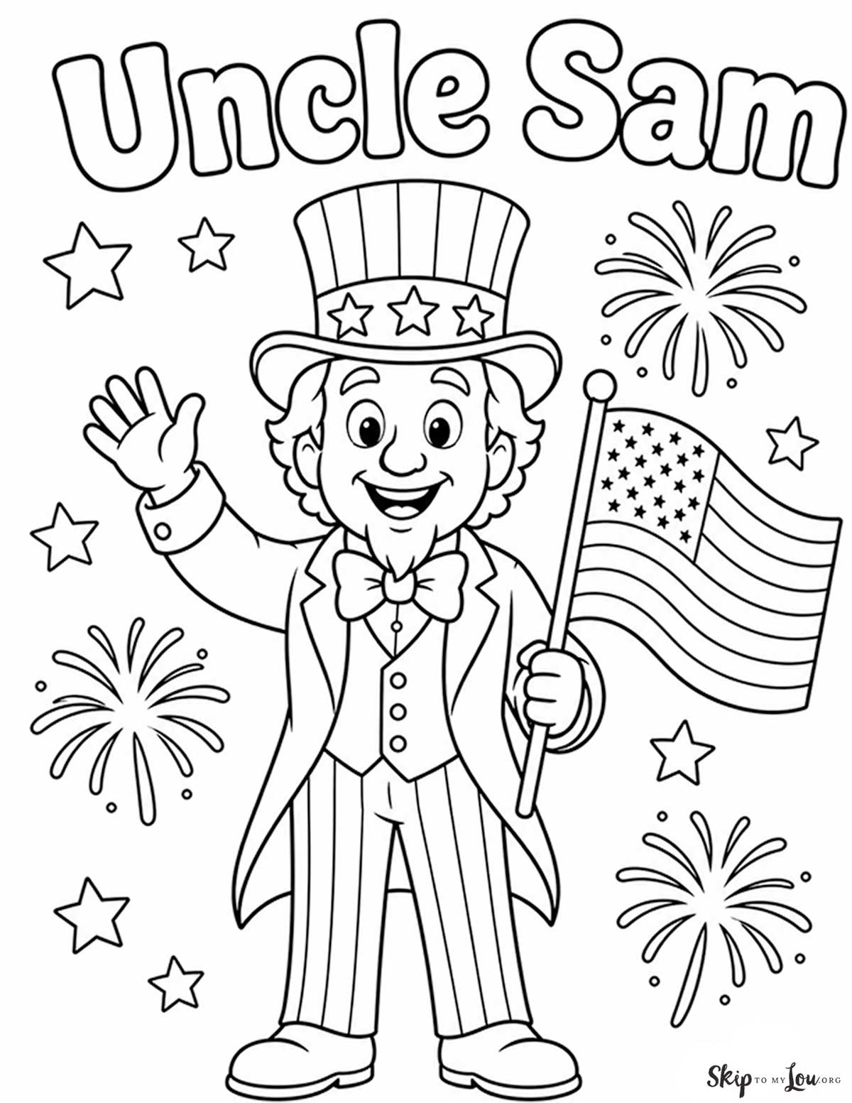 uncle sam waving and holding a flag coloring page