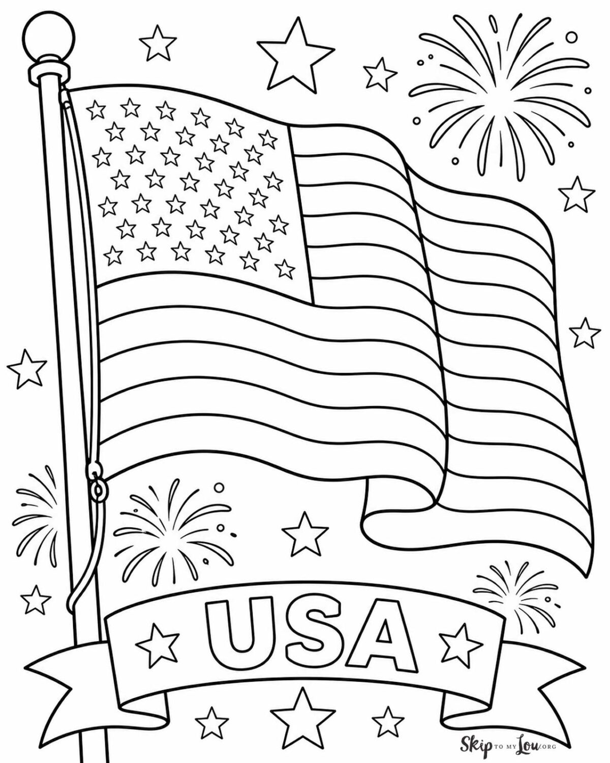 USA flag waving with fireworks in background