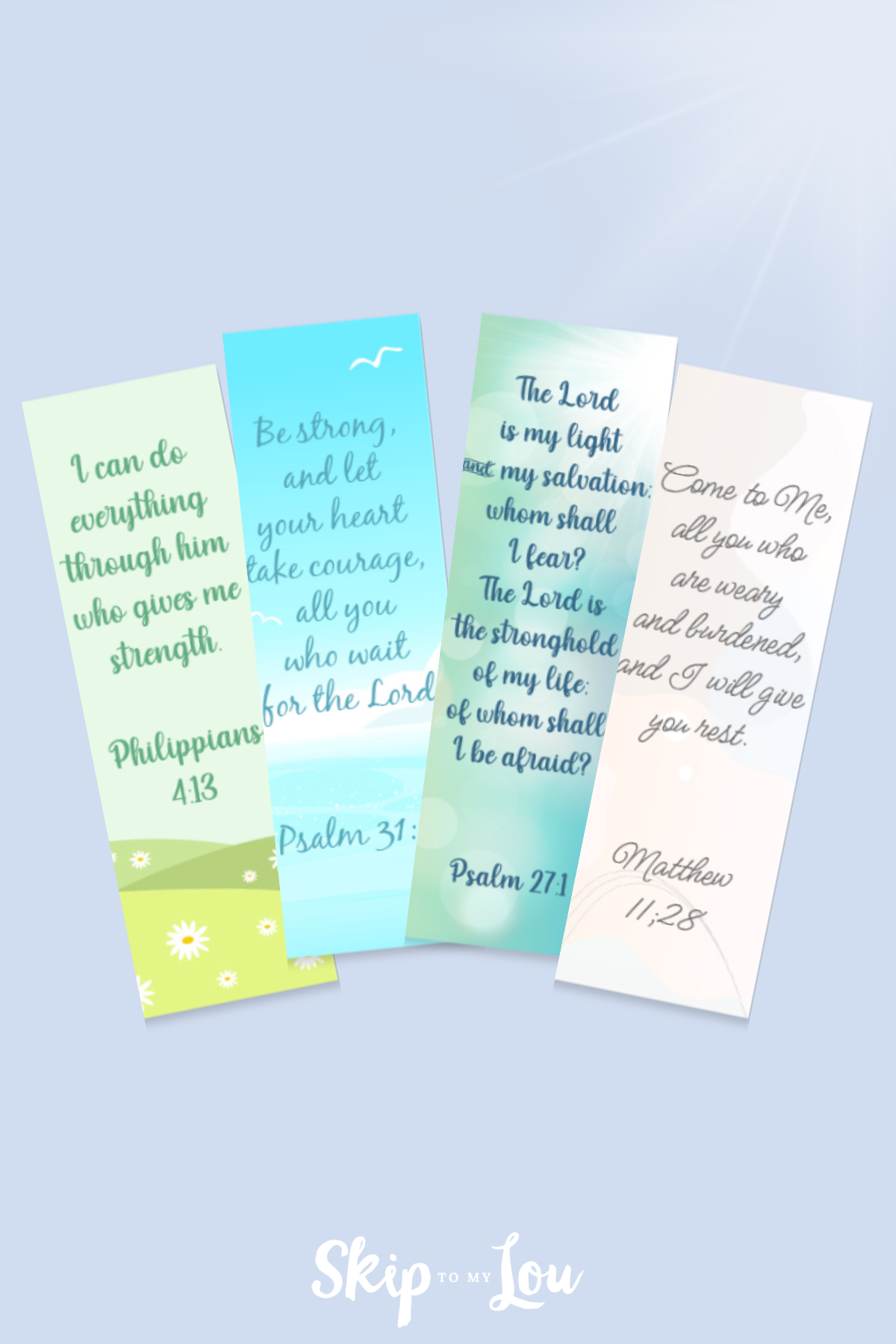 Blue background with four bible verse bookmarks from Skip to My Lou.