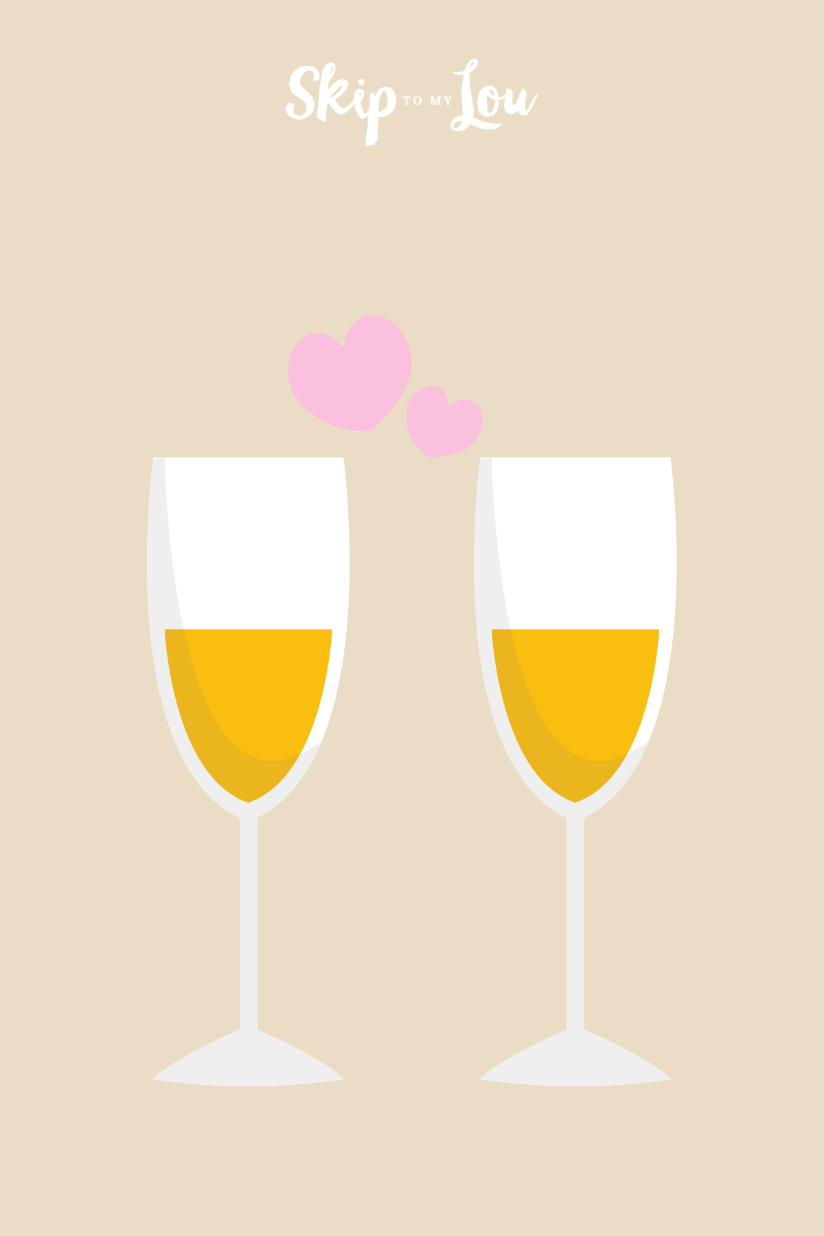 Two champagne glasses filled with champagne on a brown background celebrating home made anniversary gifts from Skip to My Lou.