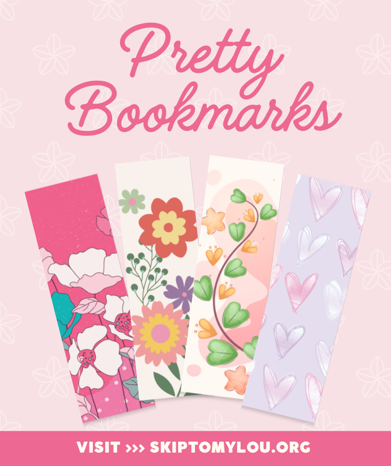 Four pretty bookmarks from Skip to My Lou on a pink background with flower silhouettes.