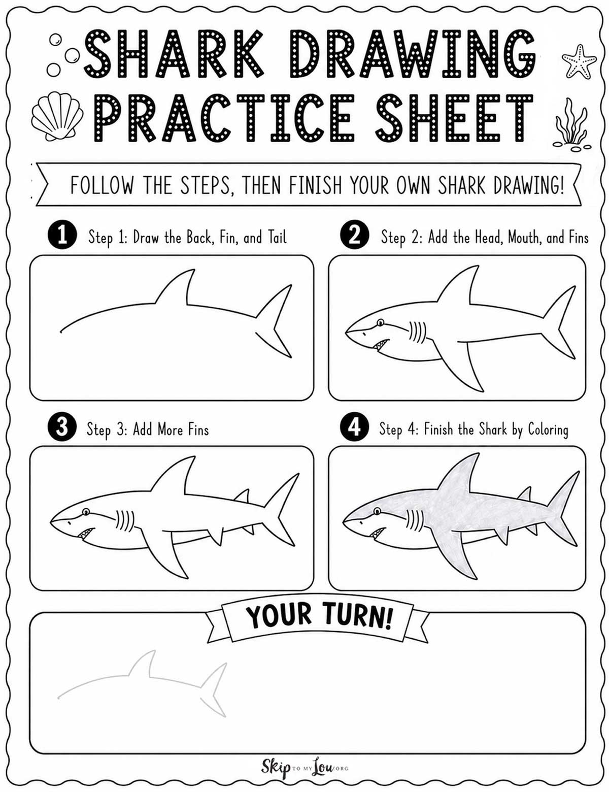Shark drawing practice sheet with four step-by-step boxes and a Your Turn area for kids to finish their own shark drawing.