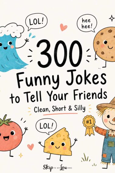 Cute hand-drawn hero image for 300 funny jokes to tell your friends featuring a smiling wave, cookie, tomato, cheese, and scarecrow with playful text.