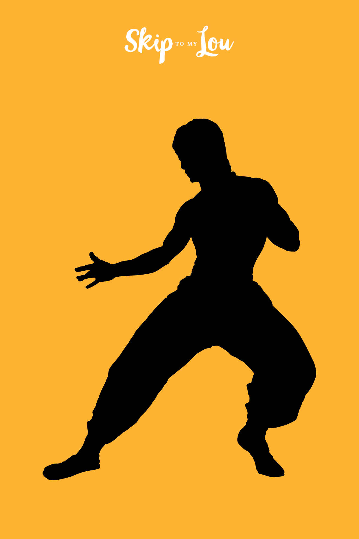 Silhouette of Bruce Lee on an orange brackground for quotes from Skip to My Lou.