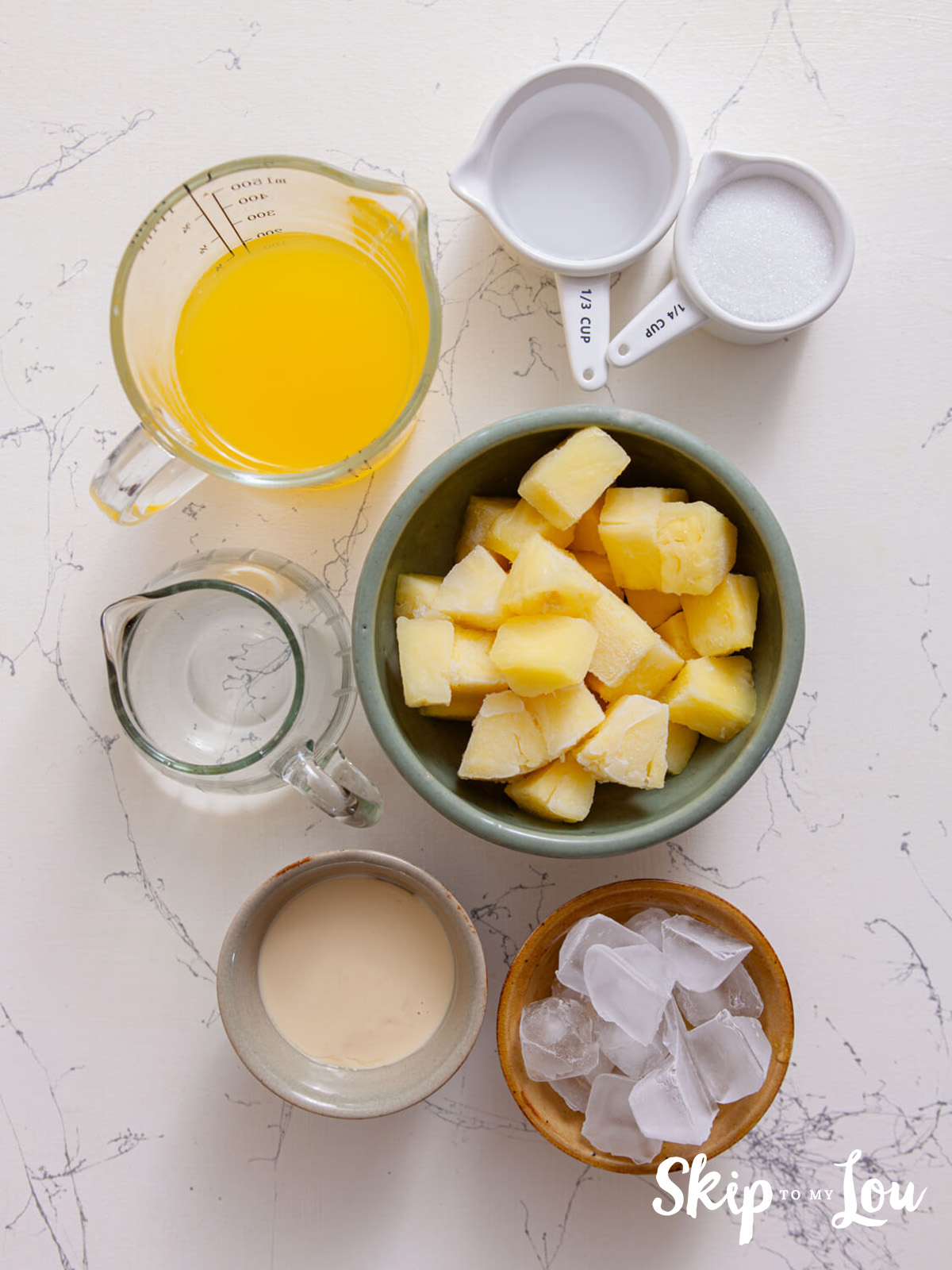 All the ingredients you need for the frozen pina colada including  pineapple, ice, coconut cream and rum.