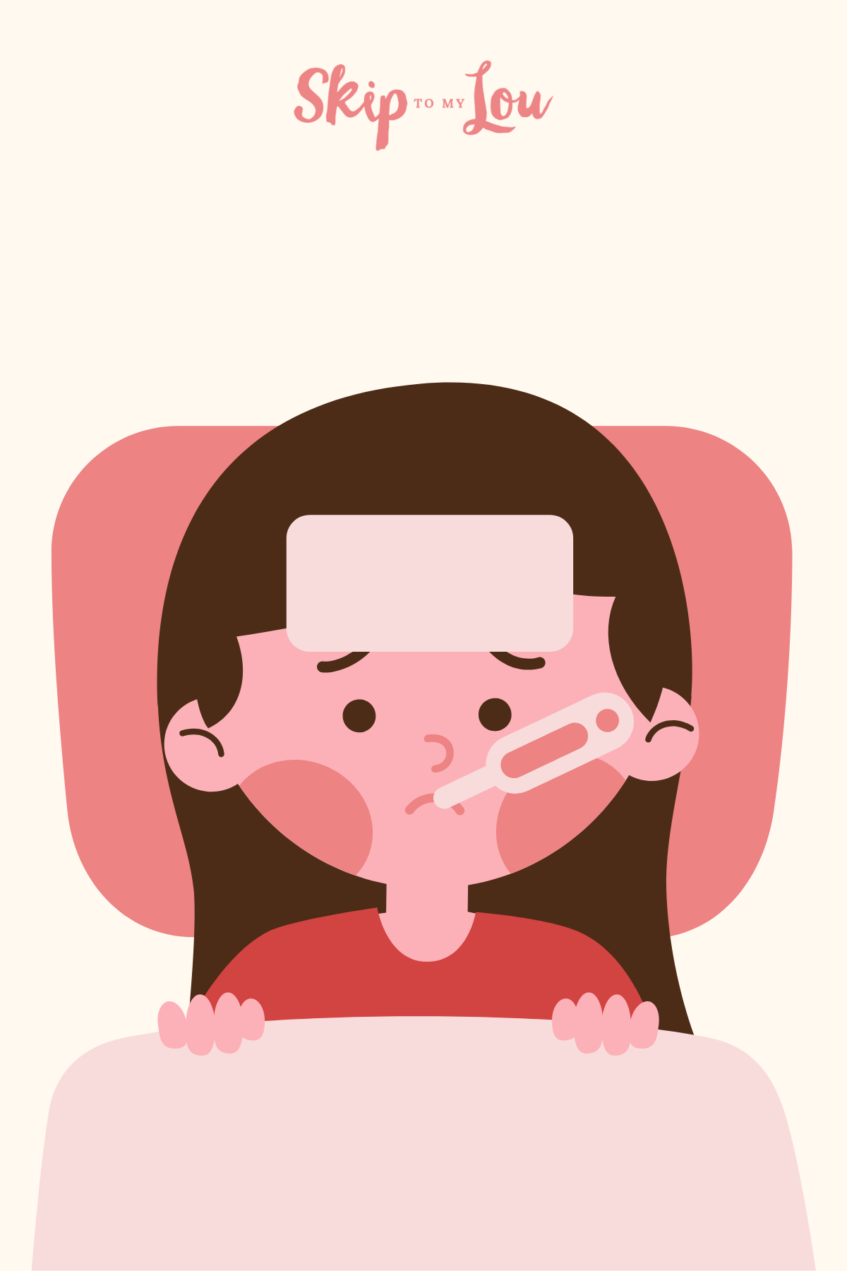 A cartoon of a sick person with a thermometer in their mouth advertising a sick care package from Skip to My Lou.