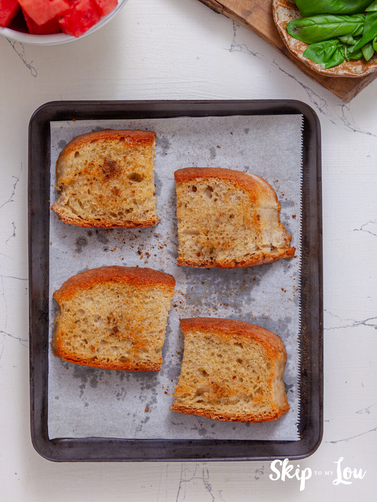 Italian bread on a pan perfectly toasted.