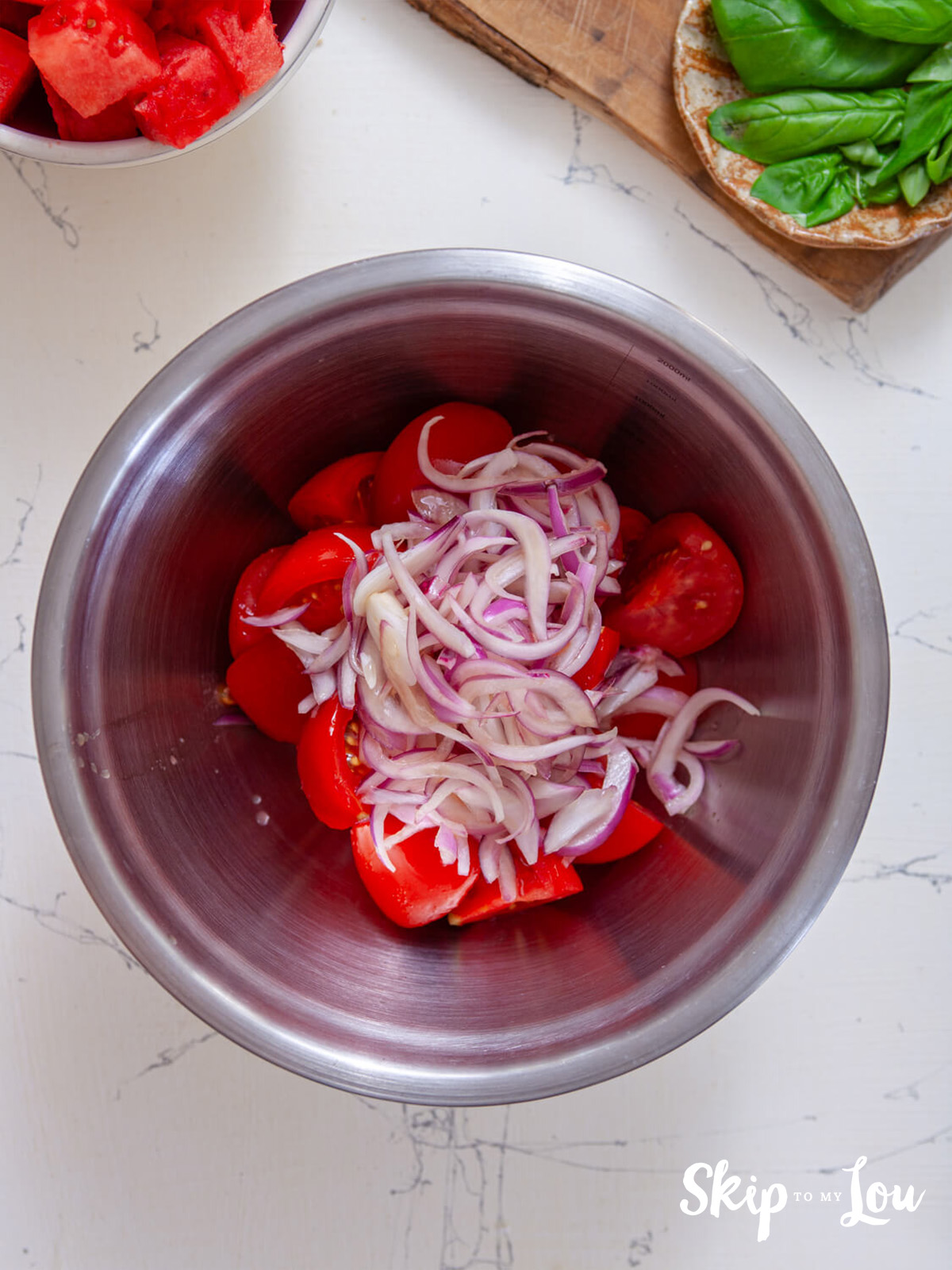 A bowl with red onions and tomatoes.