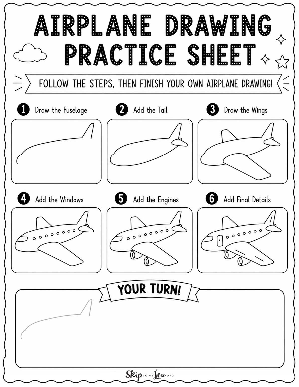 Free airplane drawing practice sheet with six step-by-step boxes and a practice area for kids to draw their own airplane.