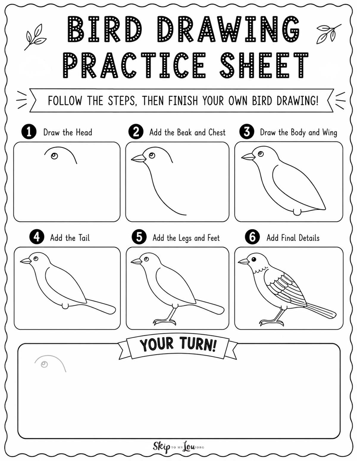 6 detailed steps printable bird drawing guide