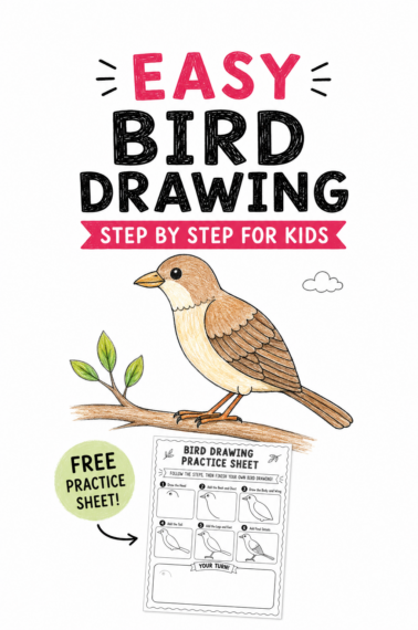 Easy bird drawing thumbnail with a colored bird, free practice sheet badge, and printable bird drawing practice sheet preview.