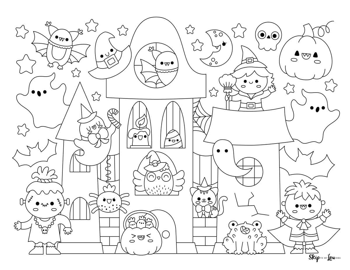 cute haunted house with ghosts coloring page