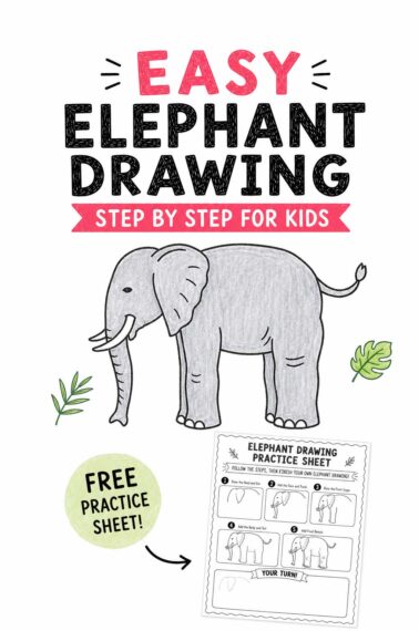 Easy elephant drawing thumbnail with a gray colored pencil elephant, a free printable practice sheet preview, and the text “Easy Elephant Drawing Step by Step for Kids.