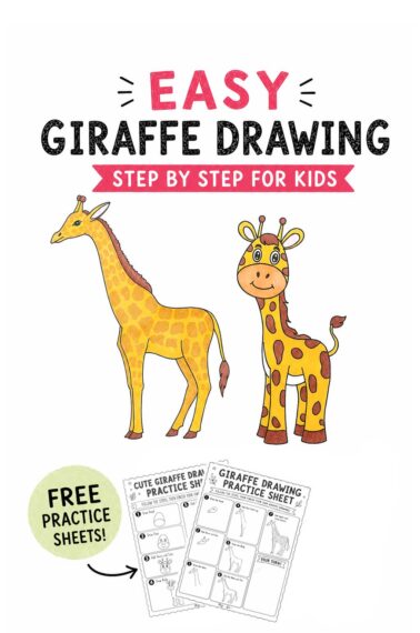 Easy giraffe drawing for kids with a cute giraffe, realistic giraffe, and two free printable practice sheets