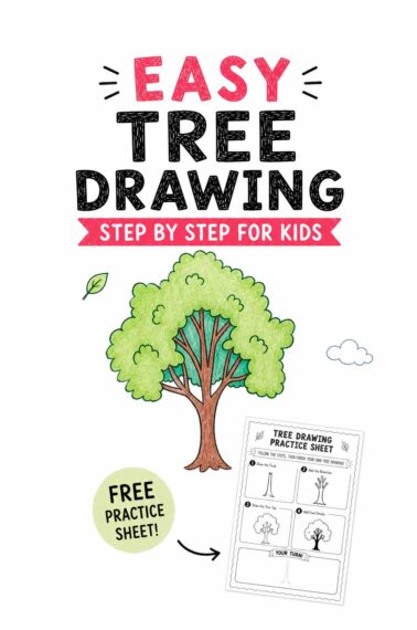 Easy tree drawing thumbnail with a colored tree, free practice sheet badge, and printable tree drawing practice sheet preview.