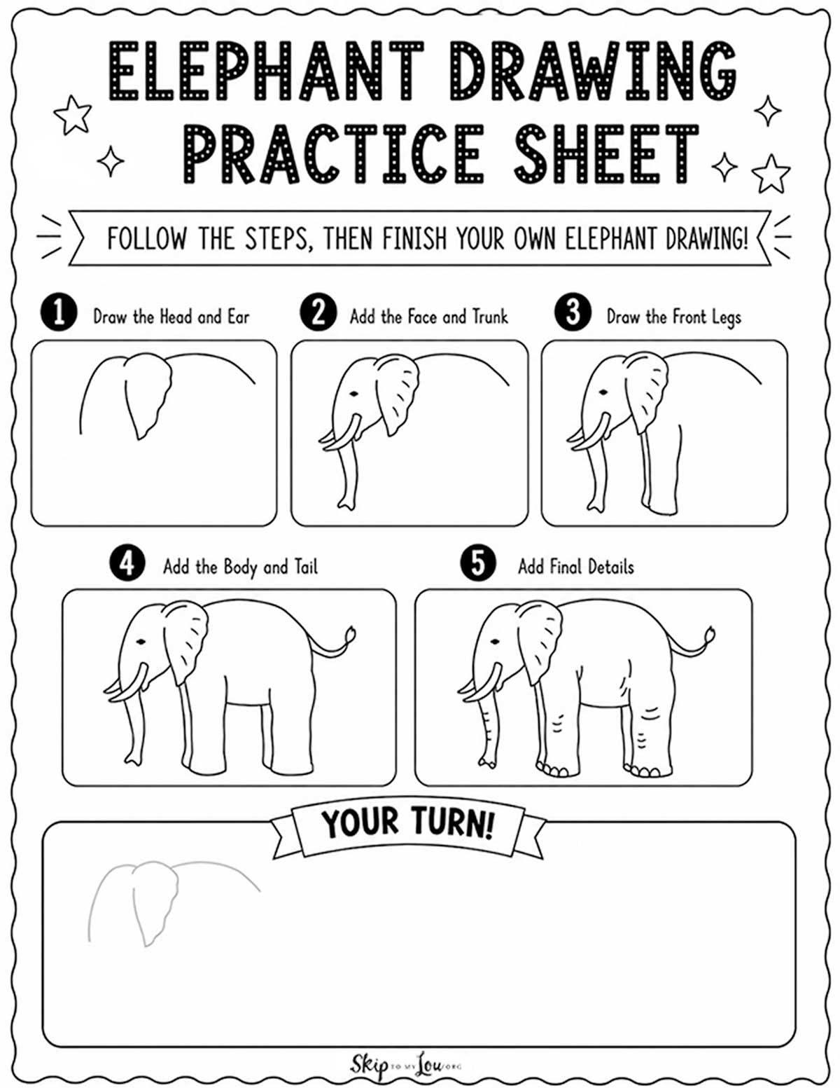 Free printable elephant drawing practice sheet with step-by-step instructions for kids to draw an elephant.