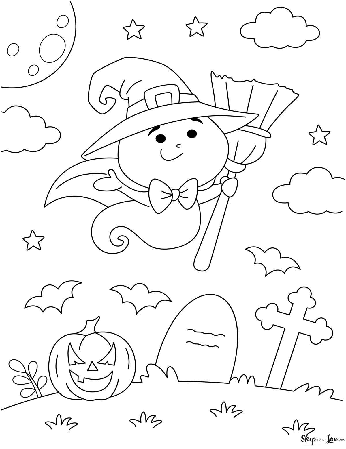 cut ghost flying with broom and witch hat