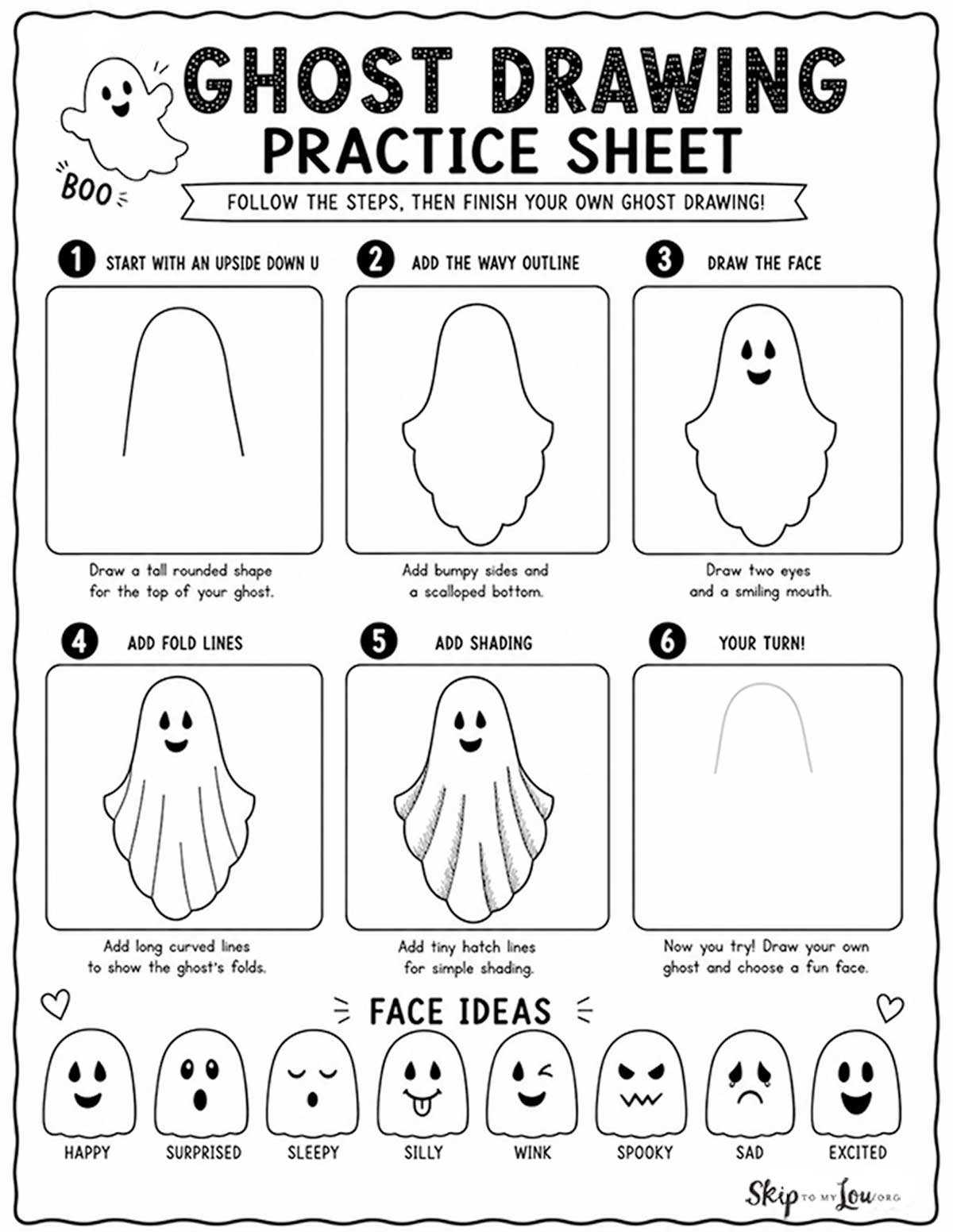 Free ghost drawing practice sheet with step by step boxes, face ideas, and a your turn drawing space for kids.