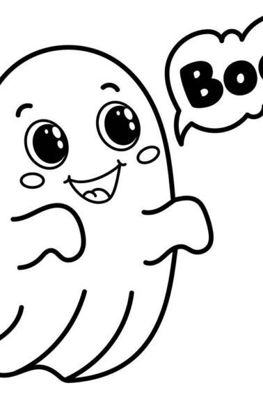 ghost coloring page with boo message bubble