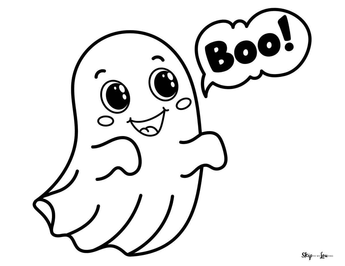 ghost coloring page with boo message bubble