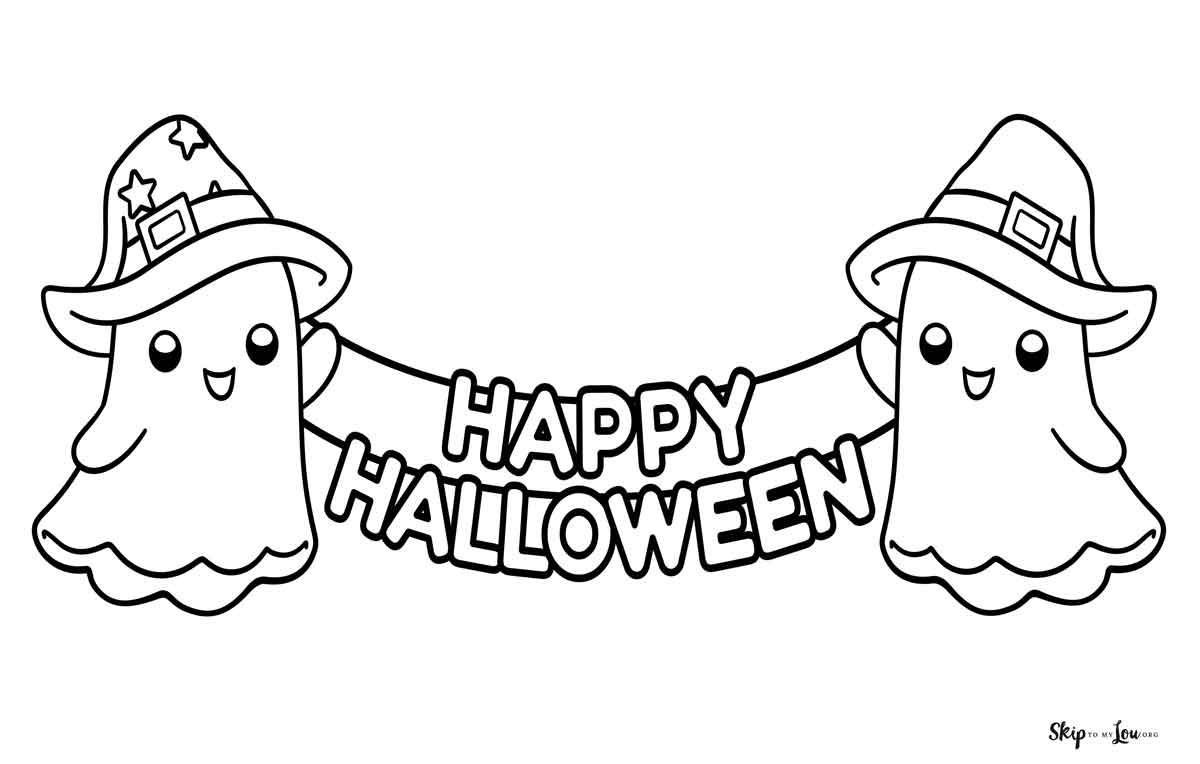 ghosts holding a happy halloween sign