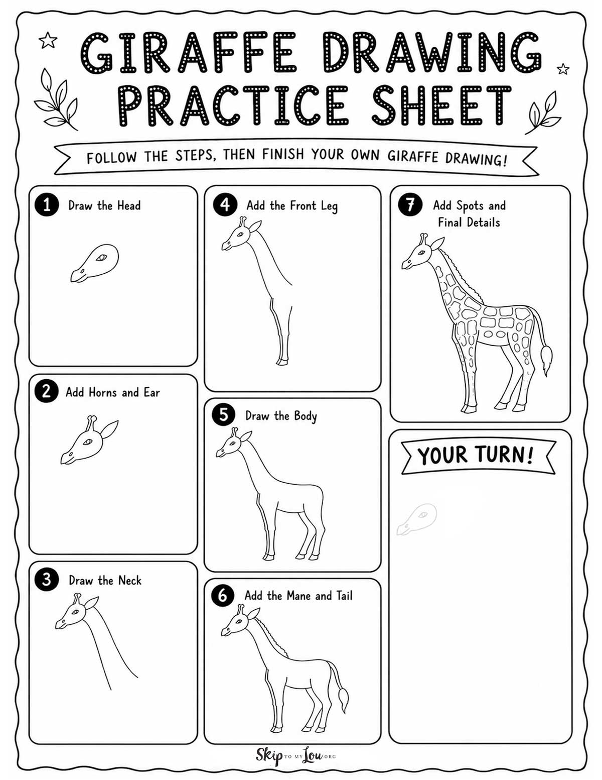 Giraffe drawing practice sheet with seven steps for drawing a more realistic giraffe